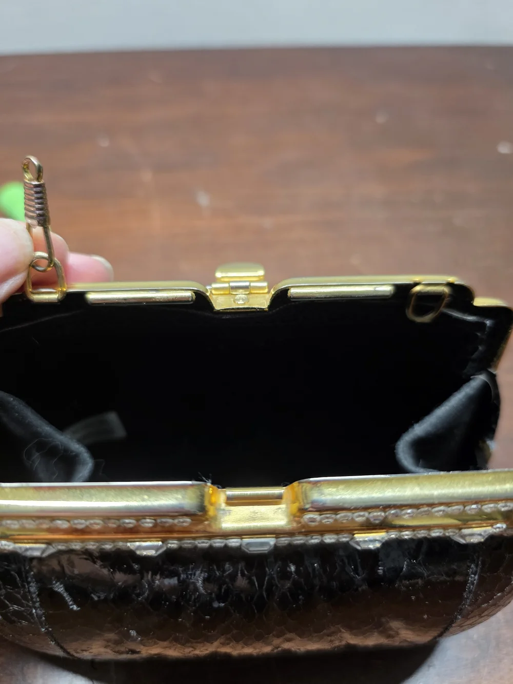 Classic Black Faux Snakeskin Evening Clutch with Gold Frame